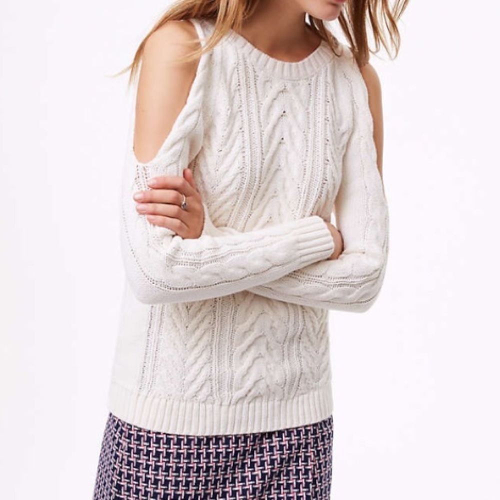 LOFT Cream Knit Sweater w/ Cold Shoulder Cut Out